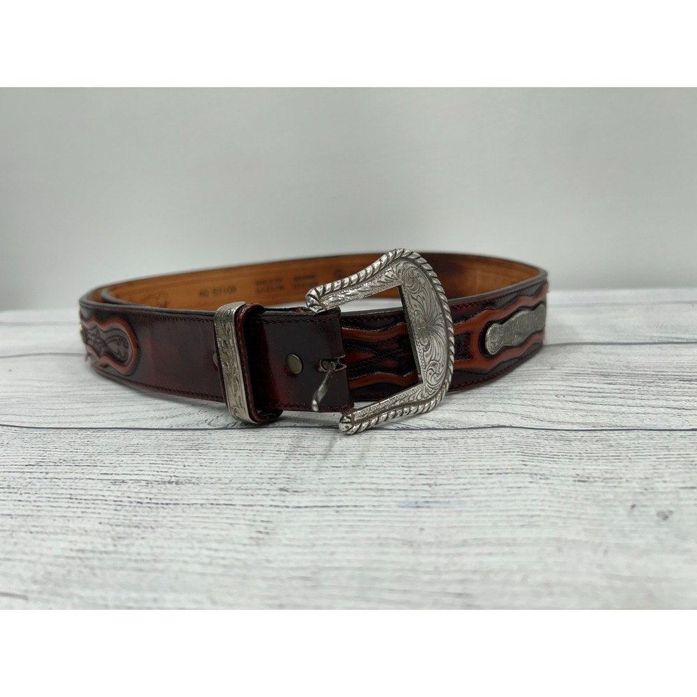 Leegin Tooled Design Concho Brown Leather Silver Buckle‎ Western Belt Size 40